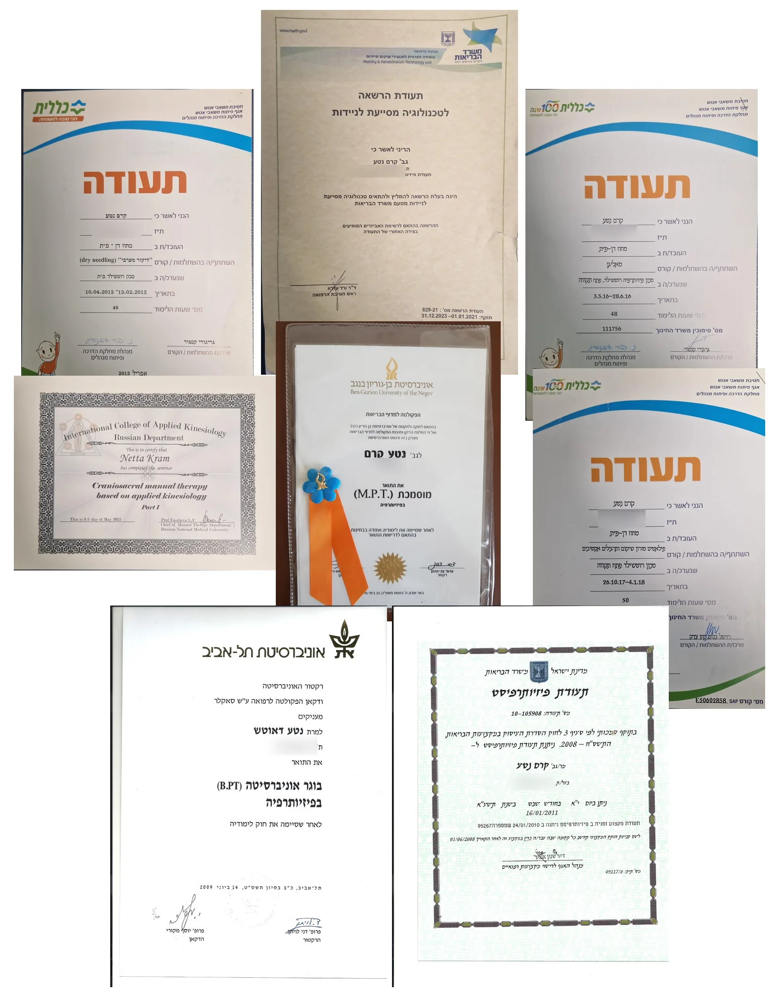תעודות ההסמכה של נטע קרם: תואר שני M.P.T מאוניברסיטת בן־גוריון, תואר ראשון B.PT מאוניברסיטת תל אביב, רישיון פיזיותרפיסט ממשרד הבריאות, והסמכות בדיקור יבש, מאליגן, קינסיולוגיה ופילאטיס